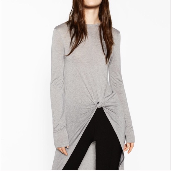 Zara High-Low Long-Sleeve Olive Shirt with Knot - Picture 5 of 11